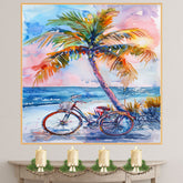 Tropical Palm Tree and Vintage Bicycle Watercolor Painting by the Ocean at Sunset on Ready to Hang 1.5" Thick Canvas Wrap, Floating Framed Canvas, Flat Rolled Canvas
